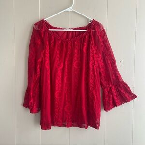 JohnPaulRichard Blouse Red Lace Sheer Relaxed Fit 3/4 Flare Sleeves Size L